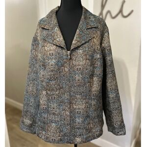 Coldwater Creek Textured Brocade Zipper Jacket Metallic Blue Brown Plus 1X